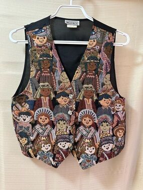 Vintage Mirrors Tapestry Vest USA Folk Art Button Front Boho 90s Medium